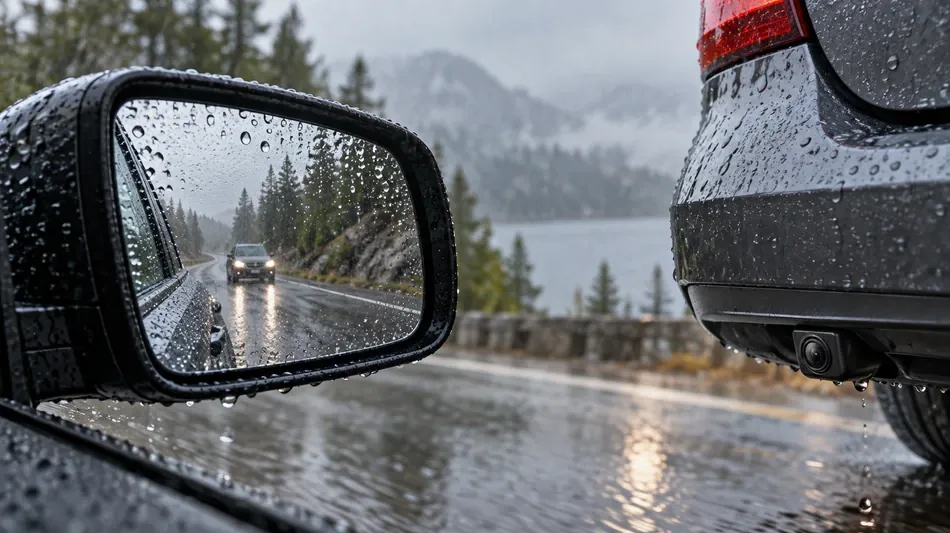 雨天時の後方視界を確保、ミラーと車載カメラの水滴対策