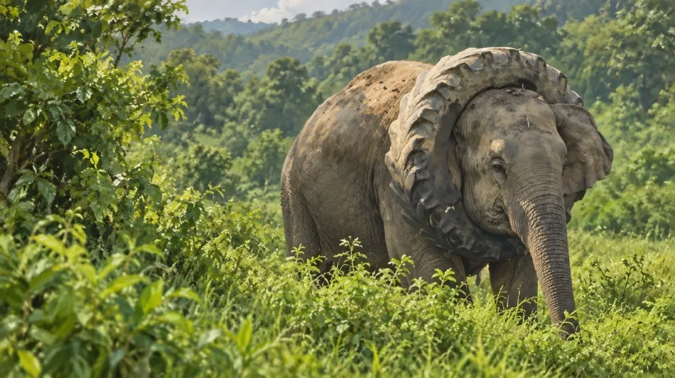 インド・アッサム州でゾウの首からタイヤを除去　森林局が追跡し救出